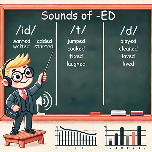Learn -ed pronunciation: Chalkboard shows /ɪd/ (wanted, added), /t/ (jumped, fixed), /d/ (played, loved), with teacher tips.