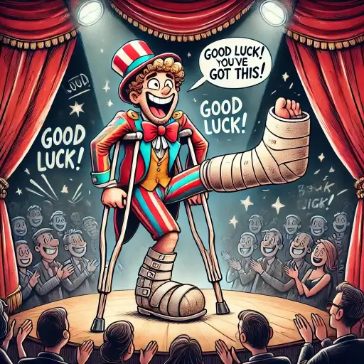 Cartoon of an actor on stage with a giant cast and crutches, symbolizing the idiom 'break a leg,' with cheering audience and red curtains.